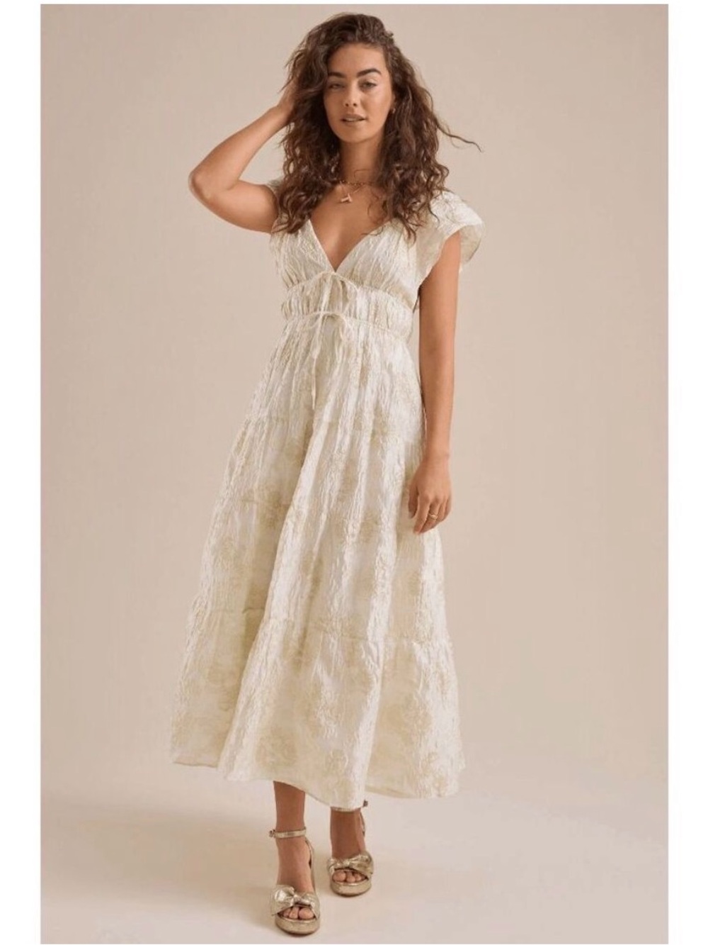 Altar’d State Athena Shimmer Maxi Dress Ivory Gold Size Small NWT